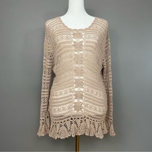 Elizabeth New York Crochet Top Long Sleeves Size Large Petite Beige Vintage